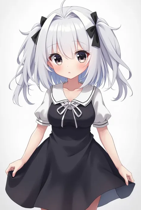  An anime-style character , White hair tied on both sides, big breast , two short Maria s , with small black ribbon on the head , black eyes,  along with visible eyelashes  ,  a black dress with a small black skirt