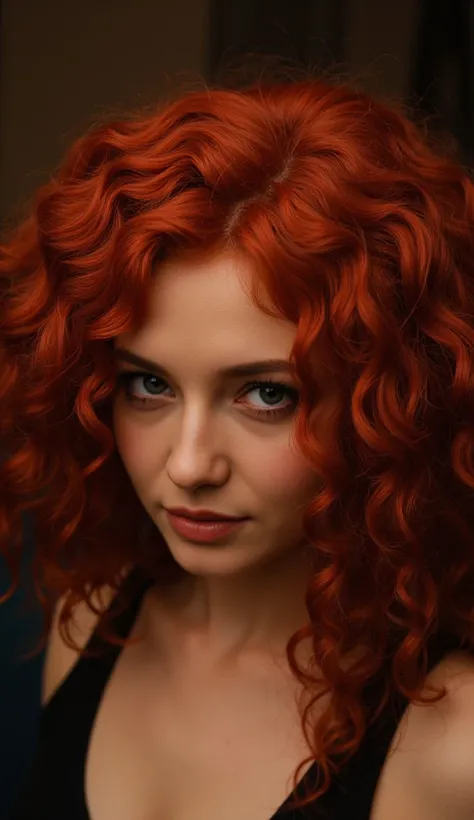 Woman, curly intense red hair, 90cm by 60cm by 90cm, realistic, full body, sultry