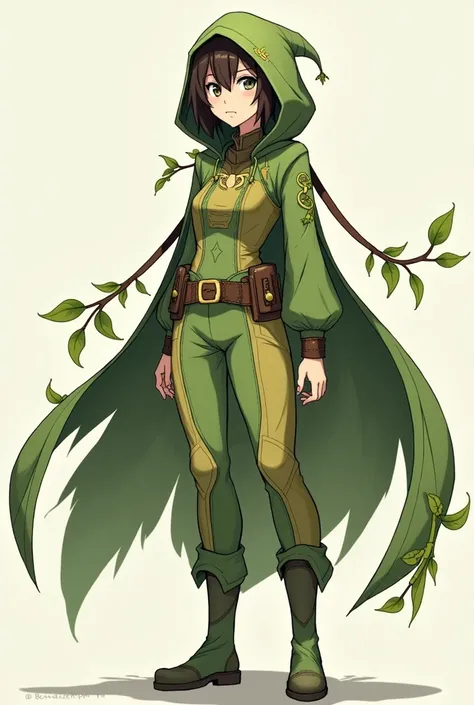 A dynamic superhero costume for a female character named Eco da Transformação, designed in the style of Boku no Hero Academia. The outfit features earthy tones and flowing fabrics that resemble leaves and vines, tailored for agility and comfort. It include...