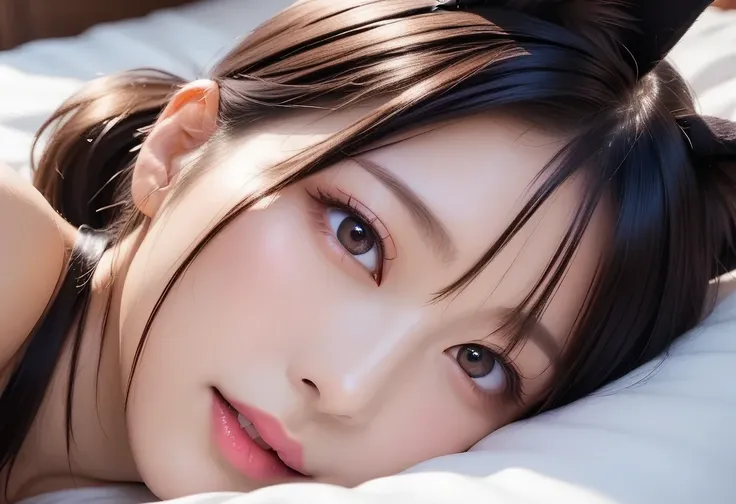 cat ears、  raise your face、(((  Lies in Bed )))、Completely naked、  charming,  cute girl,  ponytail、 ((  delicate facial features ,  eroticism)), Dramatic lighting ,  realistic  , 8k,  dramatic shadows ,  Intricate and Elaborate Patterns  ,  is  ,  chiarosc...