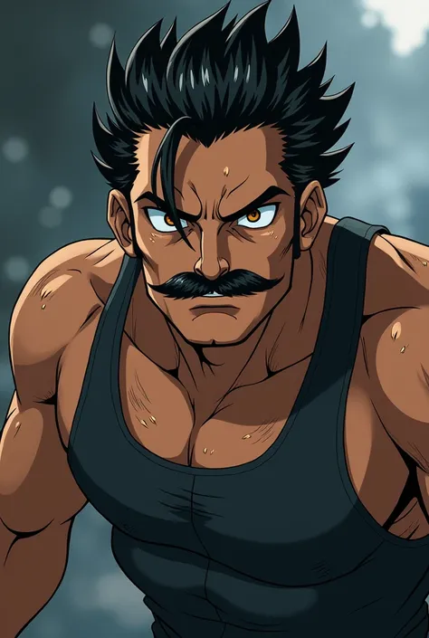 90s anime man,dark hair ,middle part hair , mustache ,brown sleepy eyes,muscular