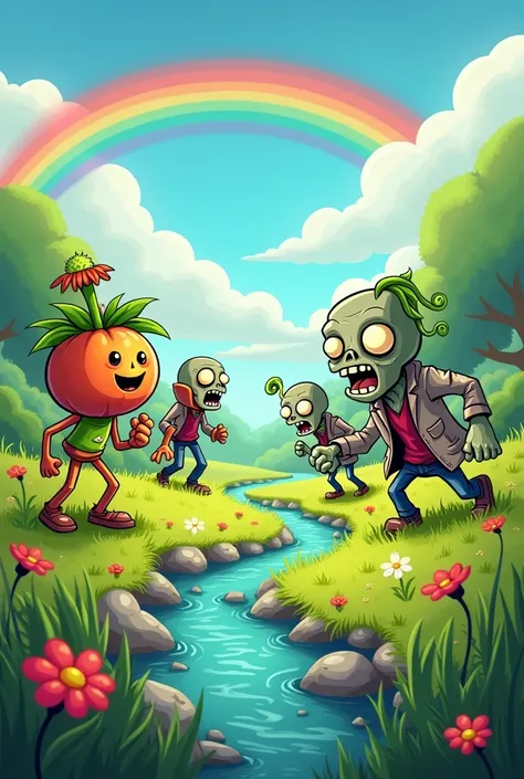 Plant versus zombie kartun lucu di padang rumput ada sungai dan.pelangi
