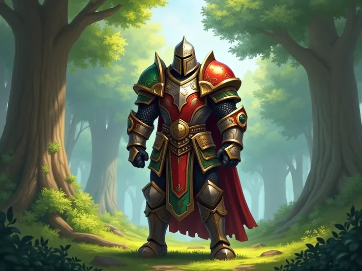 A Human knight from World of Warcraft wearing the Weekly Recolor of Warfronts Alliance Plate Armor. Standing in the Elwynn Forest