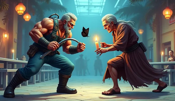 A high-intensity fighting game scene in the style of Street Fighter 4 or Street Fighter 5, featuring Toscano and Tia Sumita in an intense battle. Toscano, a rugged 70-year-old male diver with Clint Eastwood-like features, stands on the left. His weathered ...