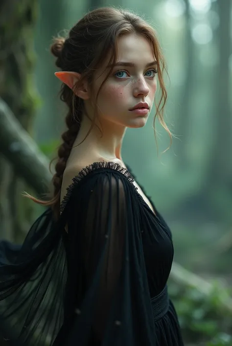 woman,  light brown hair tied ,  Blue Eyes,  pointy ears , freckles on the face. black flowing dress. 