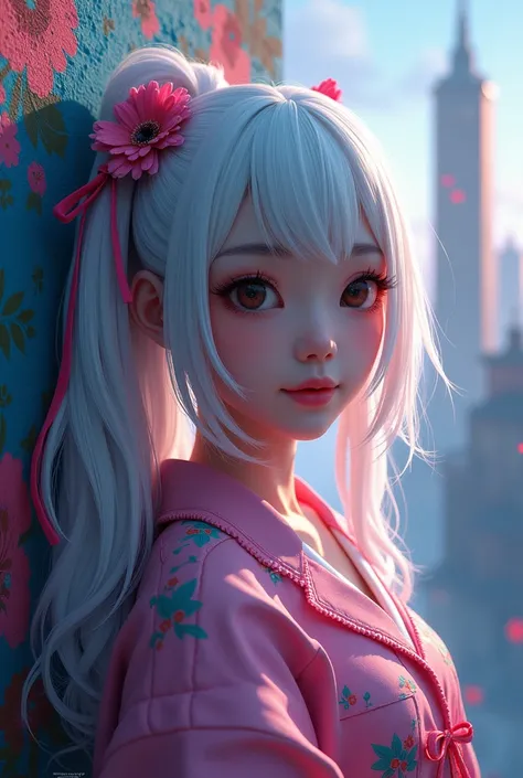 (Qingxu _  Photograph of beautiful Asian woman ), Beautiful Japanese woman painting a wall art,  neon white hair , magical girl,  to smile,,8K more detailed.Unreal Engine:1.4,Ultra HD,La  best quality:1.4,   photorealistic  :1.4, skin texture:1.4,   master...