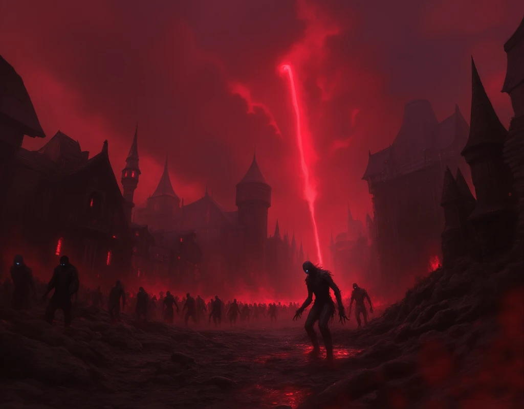 fantasy, castlevania, destroyed town, red sky, dark, black smoke, hazy sky, rubble, horde of zombies in the distance, scary, medieval town, dark clouds, red beam of light shining through the clouds,