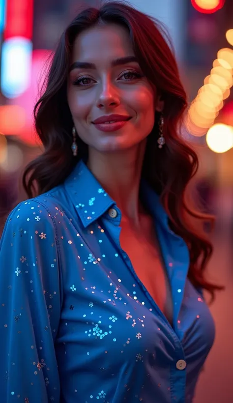 DISCREET image. with discreet clothes. image adult, american woman. She is celebrating the new year in a eletric blue blouse. comics style. with a discreet smile. IMAGES WITH VIBRANT COLORS. FOCUS ON THE FACE.