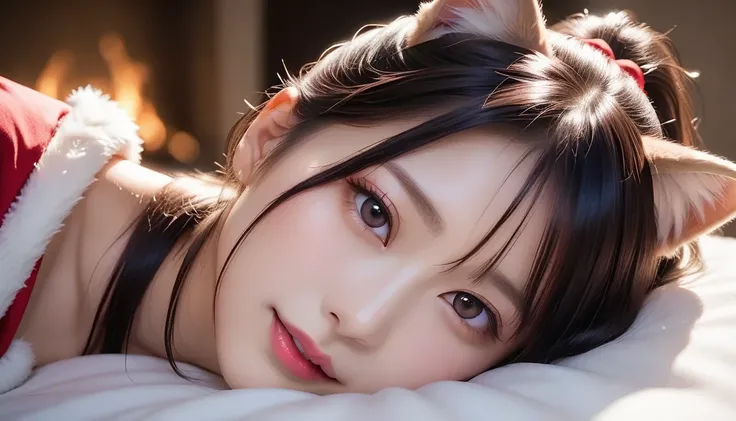 cat ears、  raise your face、(((  Lies in Bed )))、(((Santa clothes)))、whole body、  charming,  cute girl,  ponytail、 ((  delicate facial features ,  eroticism)), Dramatic lighting ,  realistic  , 8k,  dramatic shadows ,  Intricate and Elaborate Patterns  ,  i...