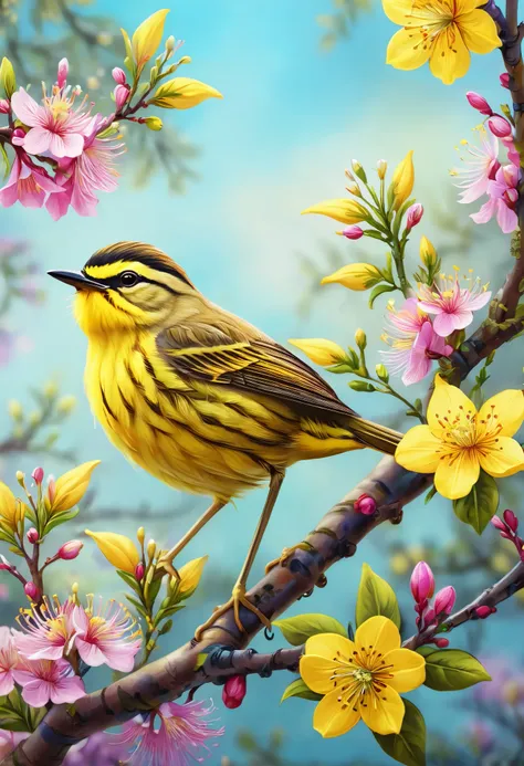 YellowWarblerの絵 sitting on a branch with flowers, Detailed painting 4k, BEAUTIFUL 4K ART , YellowWarblerの絵,  Colourful and Detailed, Beautiful Paintings of Tall Things , Artistic 4k, Beautiful Nature, Colourful birds and long,  4K Detailed Digital Art,   s...