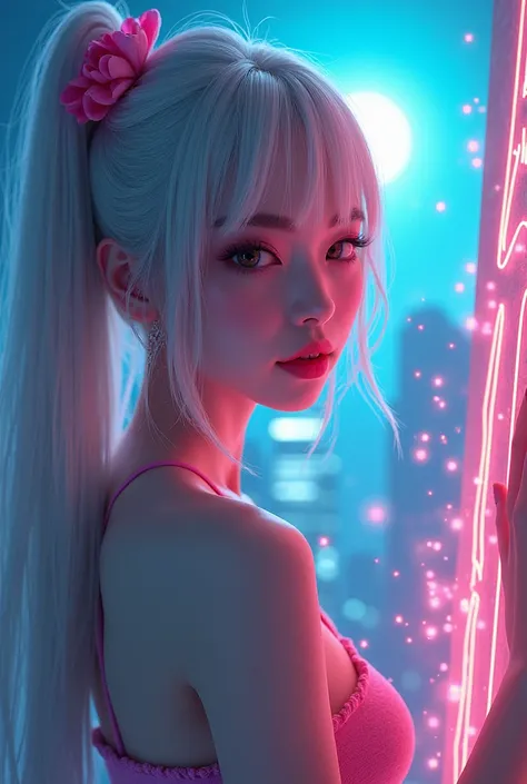 (Qingxu _  Photograph of beautiful Asian woman ), Beautiful Japanese woman painting a wall art,  neon white hair , magical girl,  to smile,,8K more detailed.Unreal Engine:1.4,Ultra HD,La  best quality:1.4,   photorealistic  :1.4, skin texture:1.4,   master...