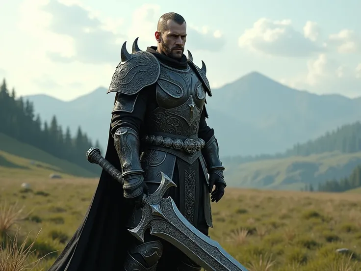 A male human from Skyrim wearing Daedric Armor and holding a Daedric Greatsword standing in the plains of Whiterun