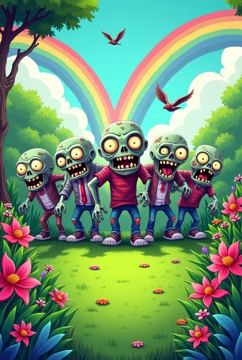 Cartoon zombies gather behind a green lawn full of plants and rainbows as well as birds flying 