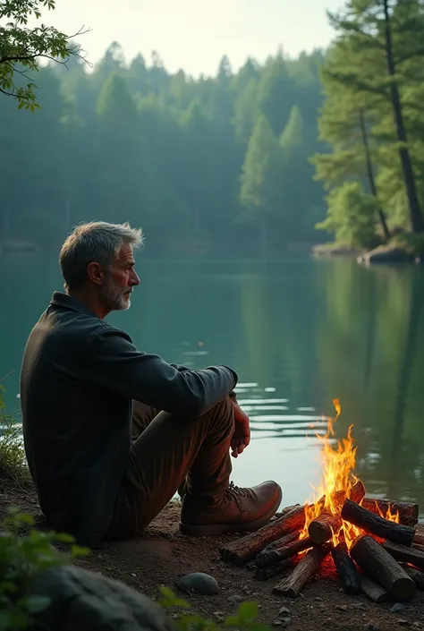 Man sitting on the shore of a lake ,  embers resting on his legs while admiring the reflection of the .Sun in the water in the background a vast green forest with enclosed forest. 4k image, realistic .
