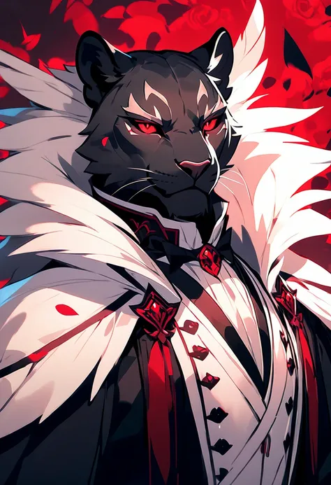 handsome anthropomorphic black panther with red glowing eyes wearing a black modern butler suit, elegant, medieval fantasy vibes, light novel art, black pelt, detailed furry art, cool, sexy, masculine, black colored butler suit, evil smirk, arrogant, evil,...