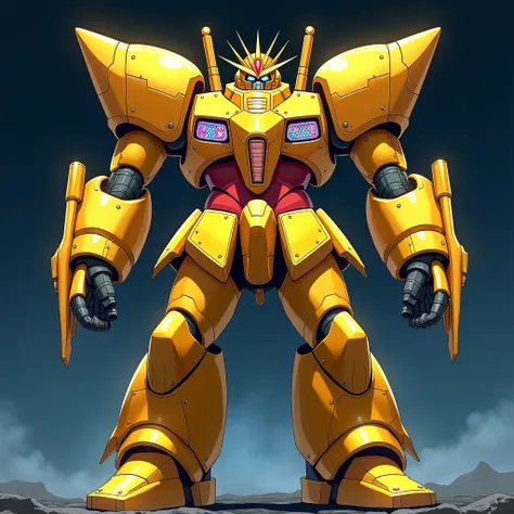 4K quality, anime style illustration. A massive golden robot set against a dark background. Its entire body is covered in gleaming gold armor, exuding both a sense of weight and luxury. The robots most striking feature is its disproportionately large upper...