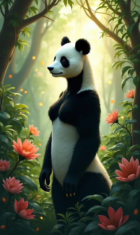 Jungle with Female panda resembling a woman 