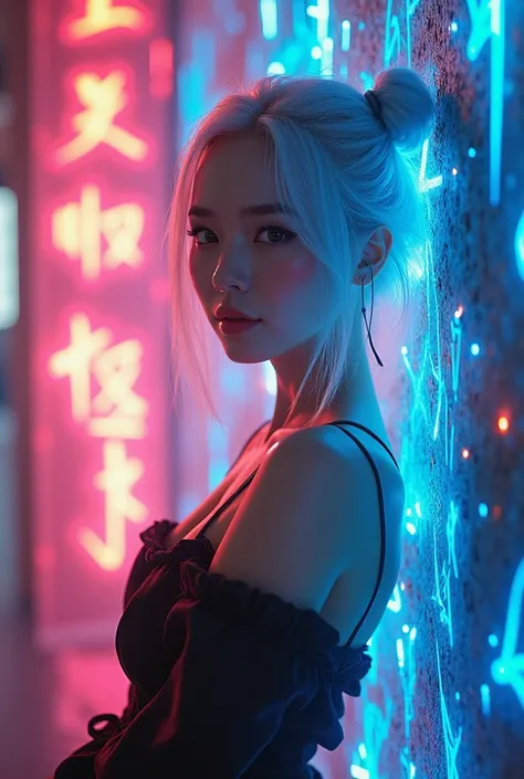 (Qingxu _  Photograph of beautiful Asian woman ), Beautiful Japanese woman painting a wall art,  neon white hair , magical girl,  to smile,,8K more detailed.Unreal Engine:1.4,Ultra HD,La  best quality:1.4,   photorealistic  :1.4, skin texture:1.4,   master...