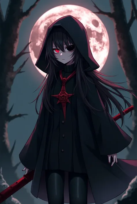 Alone,  anime style ,  Bloodborn style , Dark environment,  full body , adult, witch, hooded, black clothes,  shirt without lower part , serious look, red eyes,  eye patch .  long misaligned hairstyle, wild, lunar, Spectral sword 