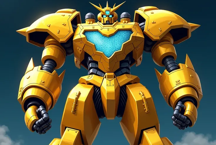 4K quality, anime style illustration. A massive golden robot set against a dark background. Its entire body is covered in gleaming gold armor, exuding both a sense of weight and luxury. The robots most striking feature is its disproportionately large upper...