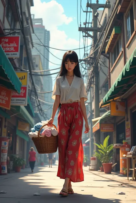 Thai girl doing laundry walking in the city