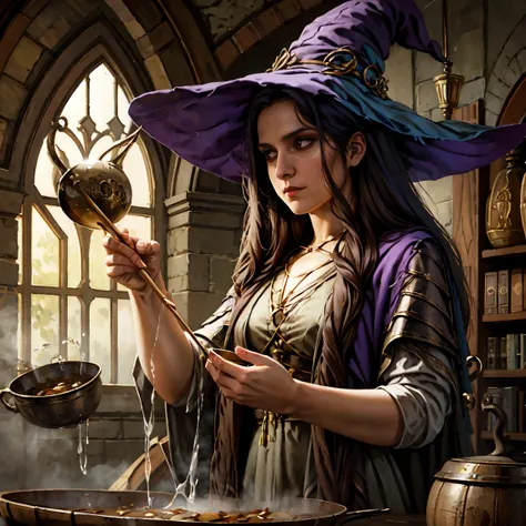 Modern witch stirring a cauldron