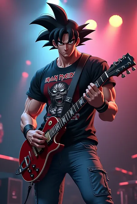 Goku playing guitar dressed in a black shirt from the band Iron Maiden and wearing jeans