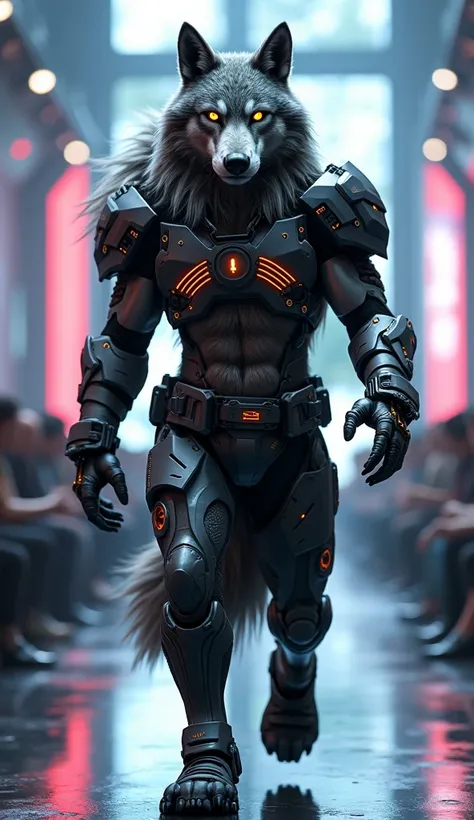  Create a detailed, photorealistic image of a stubby anthropomorphic Mankikon wolf walking down a fashionable runway. The wolf is wearing a cyberpunk costume 