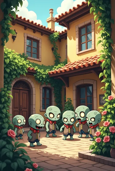 Zombie chibi gathers in the courtyard of the house