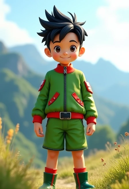 " A  boy in a natural environment ,  with black hair combed into high peaks and a friendly and energetic expression .  a set completely green that includes a short jacket with borders in bright red , front pockets and a central closure ,  combined with gre...