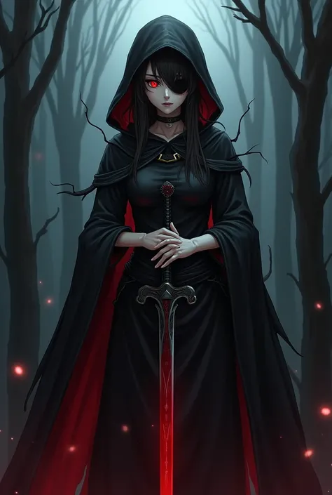 Alone,  anime style ,  Bloodborn style , Dark environment,  full body , adult, witch, hooded, black clothes,  exposed abdomen , serious look, red eyes,  eye patch,  long misaligned hairstyle, wild, Spectral sword , ghostly arm 