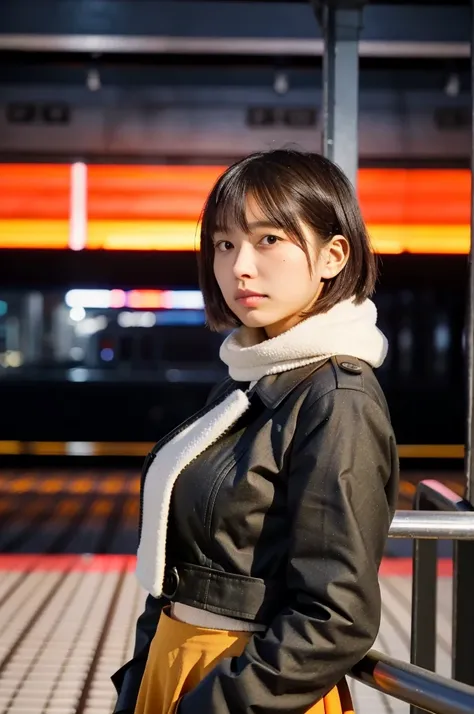 (masterpiece, best quality, perfect anatomy, highres, 8k, realistic, photorealistic, natural skin texture, no makeup:1.2), 1girl, solo, Japanese, age20, very cute, stylish female university student, (large breasts:1.4), winter vibes, standing on a train pl...