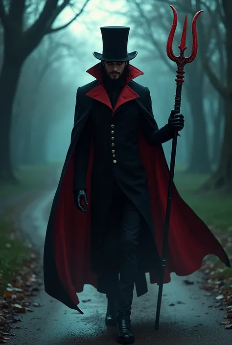 man in black top hat, black cover with red lining,  a trident in the hands and enigmatic red eyes walking on a moonlit road. Its name is Tranca Rua das Almas 