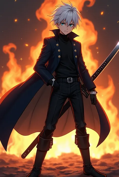 anime young adult boy with white hair, blue eyes, long black coat flowing in the wind, black suit, black pants, black boots, brandishing a long sword, standing defiant Infront of a fire, angry and determined look on his face.