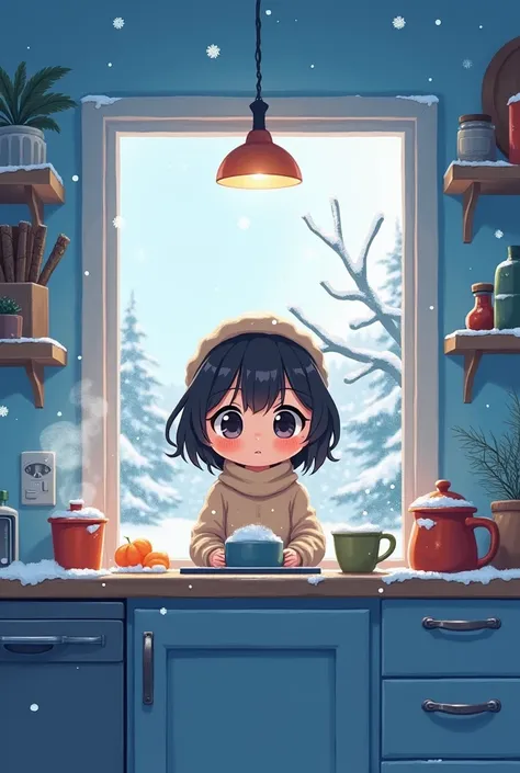 Front view of a small kitchen in winter with blue tones while a girl cooks in anime style