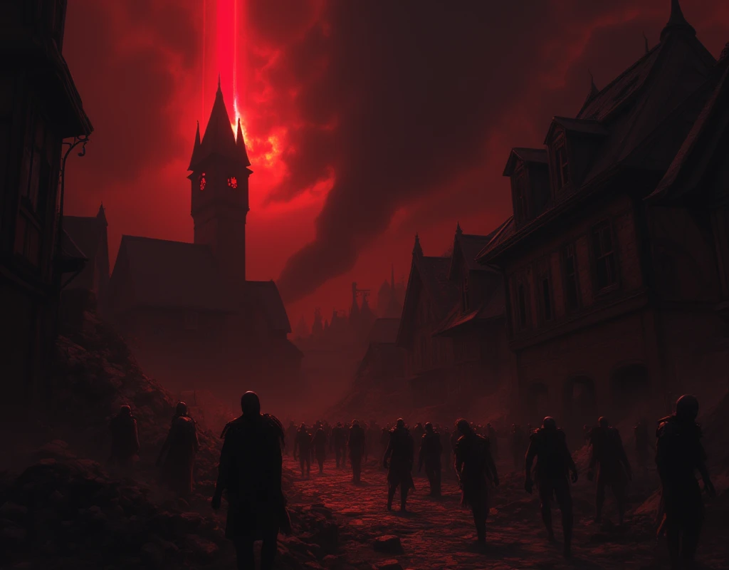 fantasy, destroyed town, black sky, black clouds, dark, black smoke, hazy sky, rubble, zombies, scary, medieval town, red beam of light through clouds, red sun ray, red godray, low clouds, clock tower shrouded by smoke cloud,