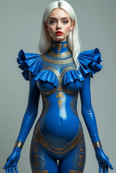  Realistic Full Body Head to Toe Photo to Include Entire Outfit， A young Russian woman standing ，190 cm high ， big  but thin waist ，Pure white hair ，Very long hair ，Blue Latex Dress Originated by Egyptian God Anubis , Blue , ,  hieroglyphics ,  and lots of...