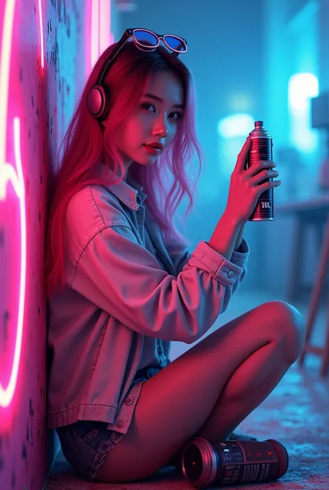 (Qingxu _  Photograph of beautiful Asian woman ),  Beautiful Japanese woman painting a wall,  holding paint sprays , neon pink hair, with glasses on her head ,  a JBL speaker on the floor , magical girl,  to smile,,8K more detailed.Unreal Engine:1.4,Ultra ...