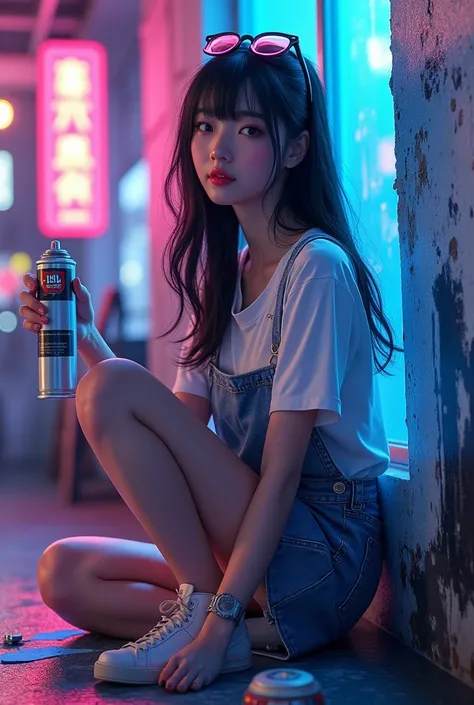 (Qingxu _  Photograph of beautiful Asian woman ),  Beautiful Japanese woman painting a wall,  holding paint sprays , Black hair with neon white, with glasses on her head ,  a JBL speaker on the floor , magical girl,  to smile,,8K more detailed.Unreal Engin...