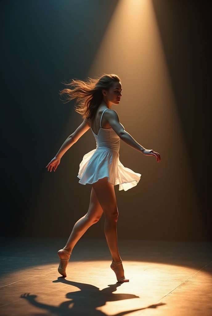 Video. A girl was dancing on stage with the spotlight shining on her body. She was wearing a tight white dress.