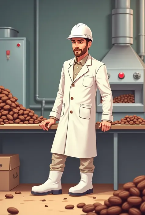 ANIMATED VECTOR OF A MALE ENGINEER IN FOOD WITH COCOA BEANS. THE ENGINEER WITH A WHITE COAT ,  white boots , WHITE CAP AND WHITE HELMET WITH A TABLE TO CHECK THE QUALITY 