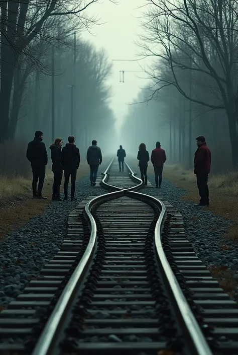  A train track divided into two paths .  On one of the tracks ,  five people standing ,  talking and distracted . On the other track ,  a person alone ,  looking forward .  The environment is illuminated by a soft light ,  focusing on the bifurcation of th...