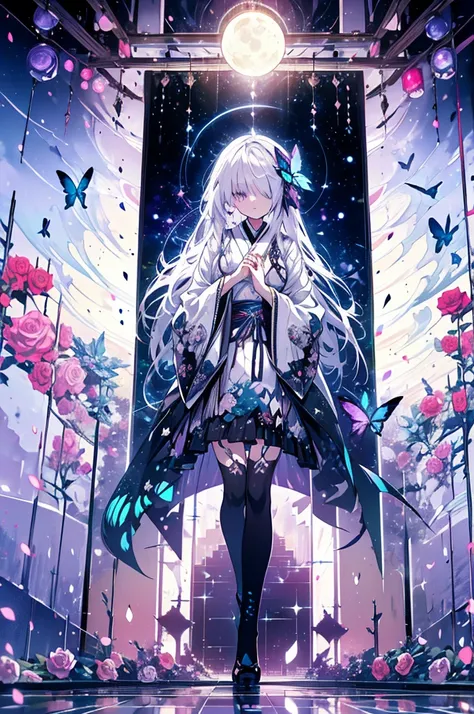 Silver Hair，crystal hair, Butterfly，Long white hair，8k wallpaper，Detailed background，Maximum resolution，Hair covers one eye，Drawstring，chies，purple Rose，Tight Fit，High socks，stocking，moon，Impressionist Moon Eclipse,  Japanese Illustration Style,  Poster/Ma...