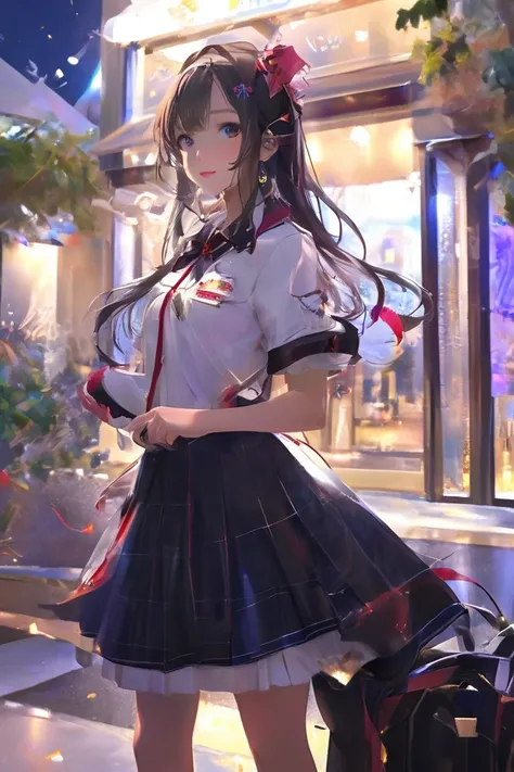 country( Azur Lane),(origin),School_uniform, One girl ,Alone, outdoors on the street at night,  viewers,, ,masterpiece,  top quality ,  ultra detail showing the cathedral,  illustrations,