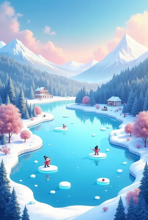 Frozen lake from above in cartoon style in landscape mode 