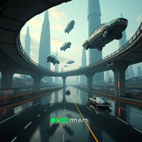 Wide angle with realistic details, long shot, bottom view, canted angle,

Dozens of futuristic vehicles float above the surface of the sky expressway. The surrounding scenery is a futuristic architecture. In the style of a sci-fi movie

very small logo tex...