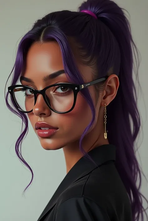  dark brown skin and dark purple hair in a ponytail、Draw a beautiful woman with black-rimmed glasses 