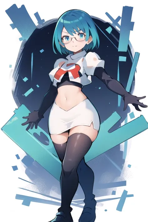 rico_megamanxdive, 1girl, solo, blue eyes, short hair, blue hair, android, glasses, team rocket,team rocket uniform,white skirt,red letter R,crop top,black thigh-highs,black elbow gloves, masterpiece, high quality, 