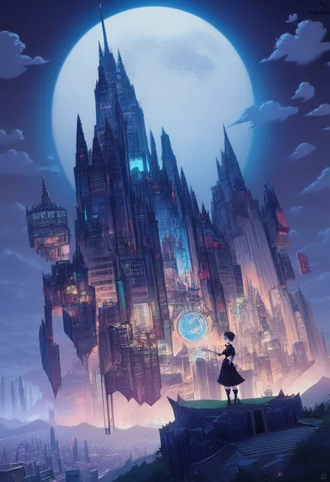 city landscape, downtown, gothic architecture, night landscape, full moon, masterpiece quality, ultra HD, 4K, best quality, amazing quality, very aesthetic, high resolution, ultra-detailed, absurdres score_9, score_8_up, score_7_up, source_anime