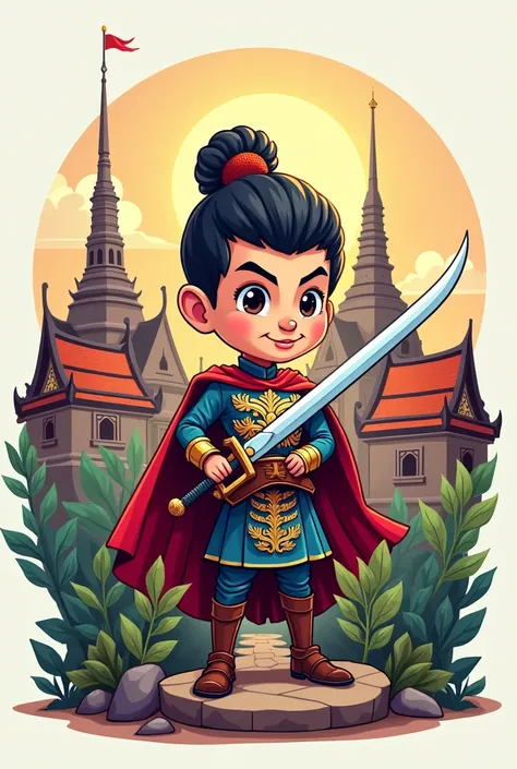 Ayutthaya city logo with a soldier wielding a sword along with the words"AYODHAYA"Cartoon style